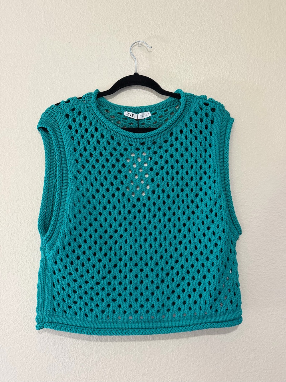 Zara Teal Open-Knit Sleeveless Tank Top